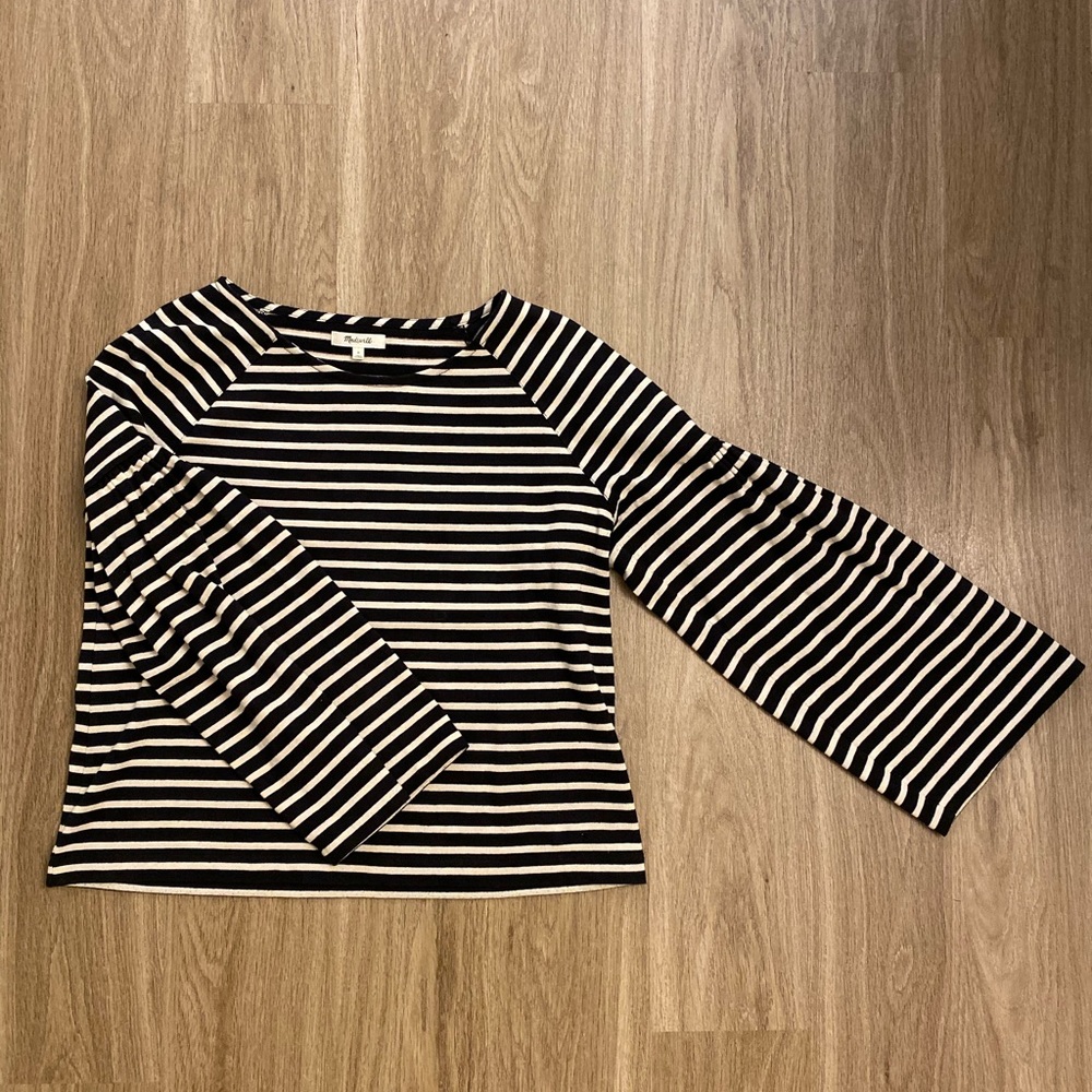 Madewell Black and Cream Bell-Sleeve Top